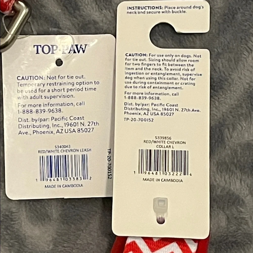 Top Paw Dog Collar size L & Matching 4’ Leash in Red & White Chevron Pattern NWT